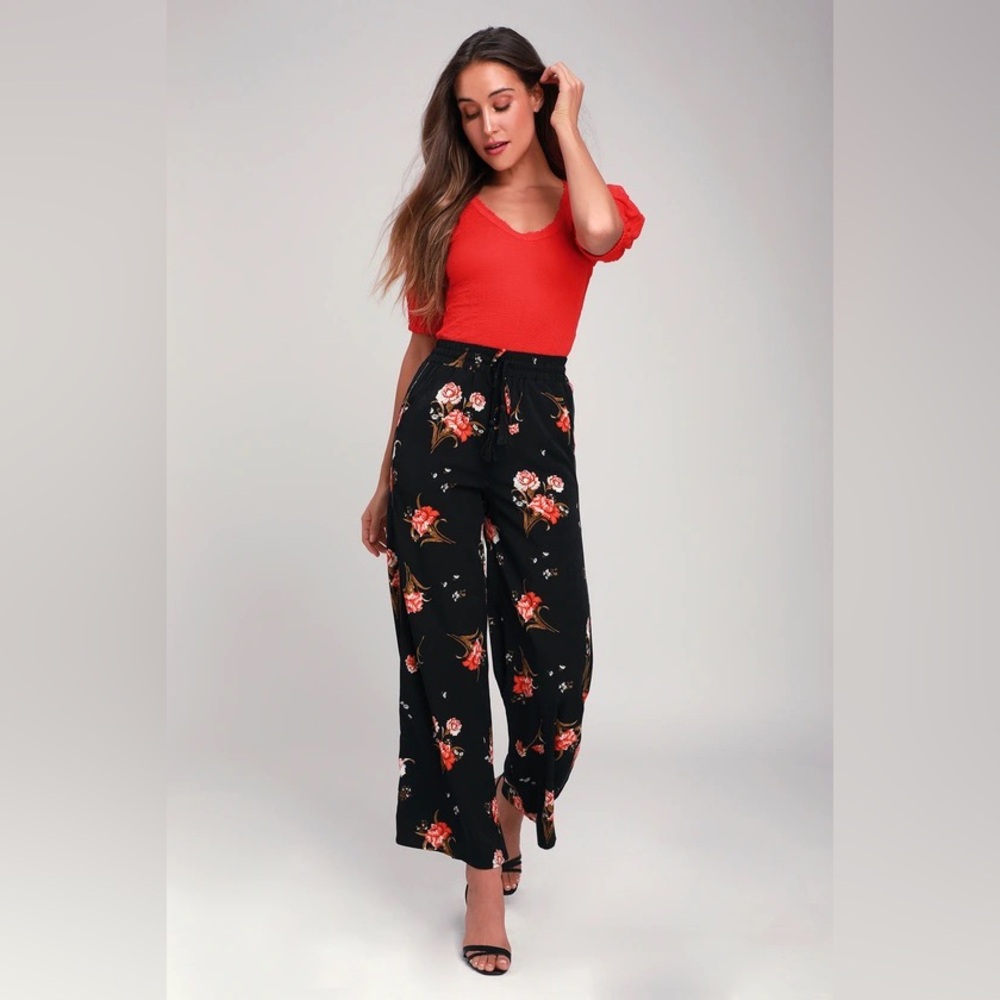 Moon River Sunset Canyon Black Floral Wide Leg Pants size XS